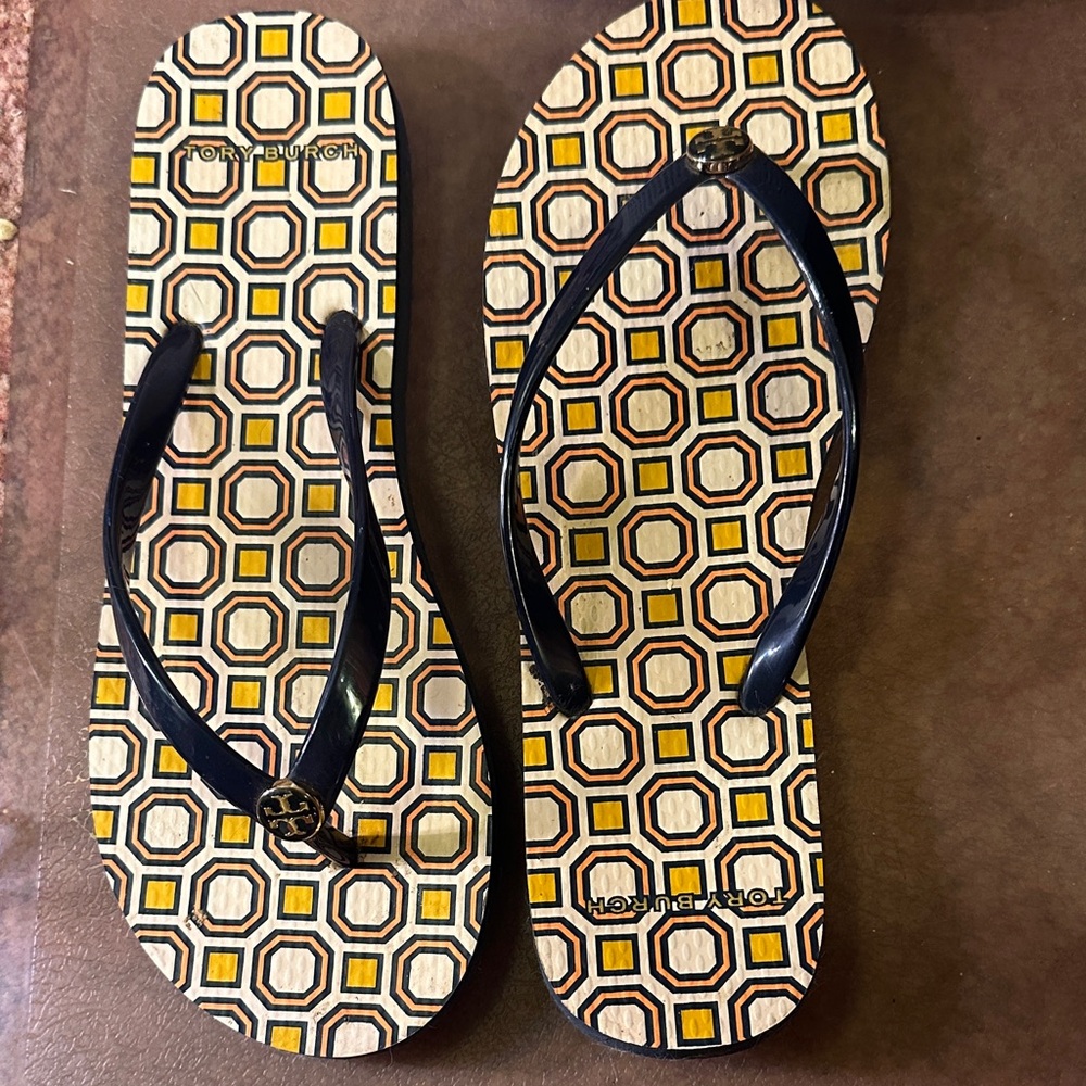 Tory Burch Geometric flip flops pink orange yellow 6-6.5